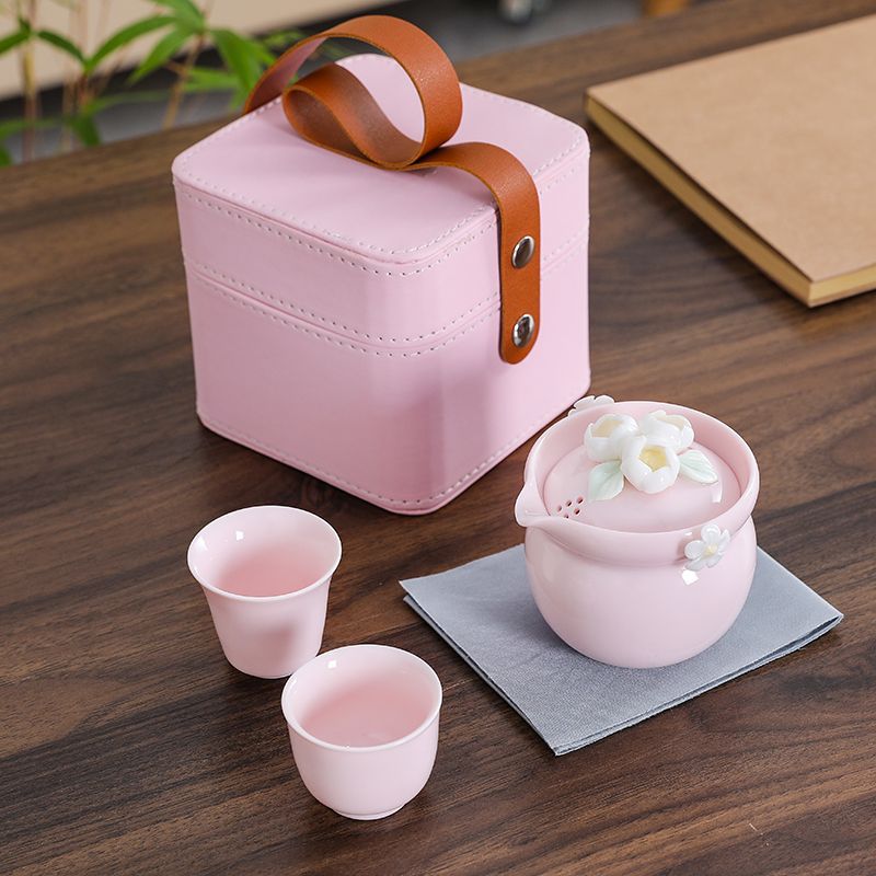 Portable Travel Kettle - Set Teh Keramik Bunga Merah Muda